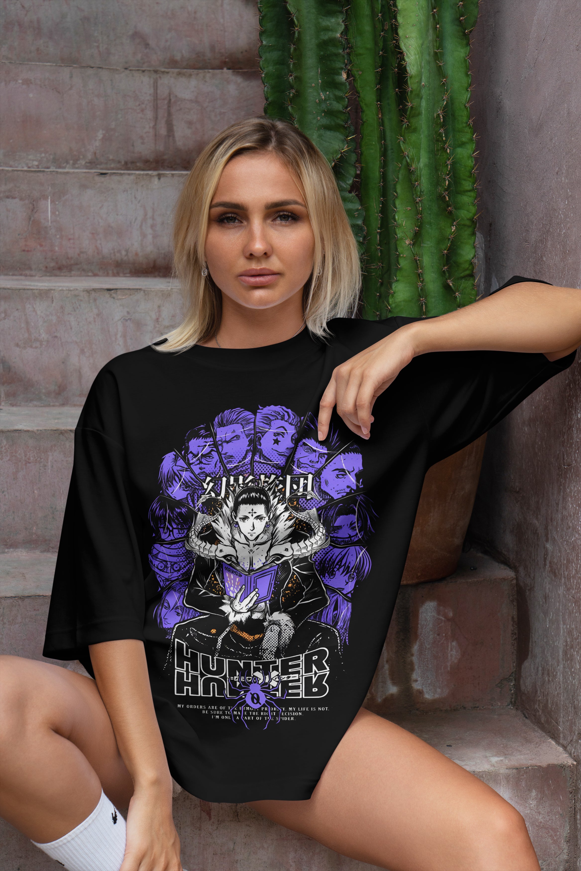 Hunter x Hunter Chrollo Lucifer t-shirt featuring Phantom Troupe leader design on premium cotton, unisex anime merchandise with Spider head tattoo emblem