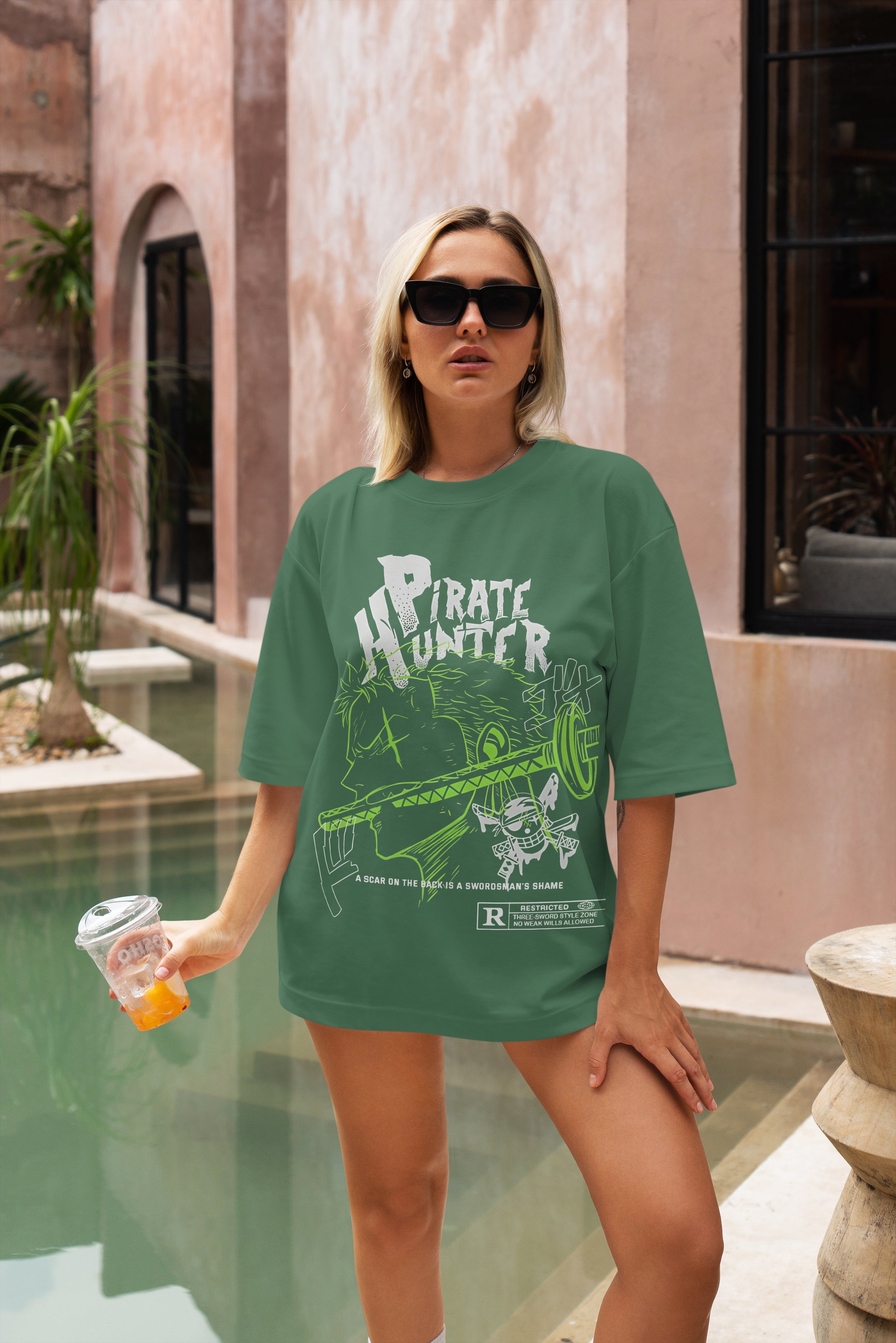 One Piece Roronoa Zoro t-shirt featuring three-sword style design on black cotton tee, anime merchandise